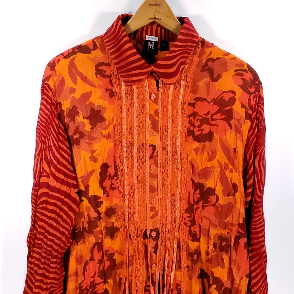 Milano Blouse Top xWoman's 1X Orange Floral Print Lace Trim Woman